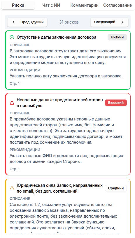 Вкладка Риски